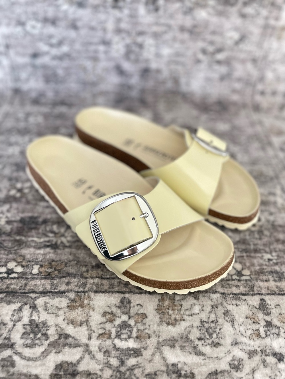 Birkenstock Madrid big buckle cream butter high shine size 9